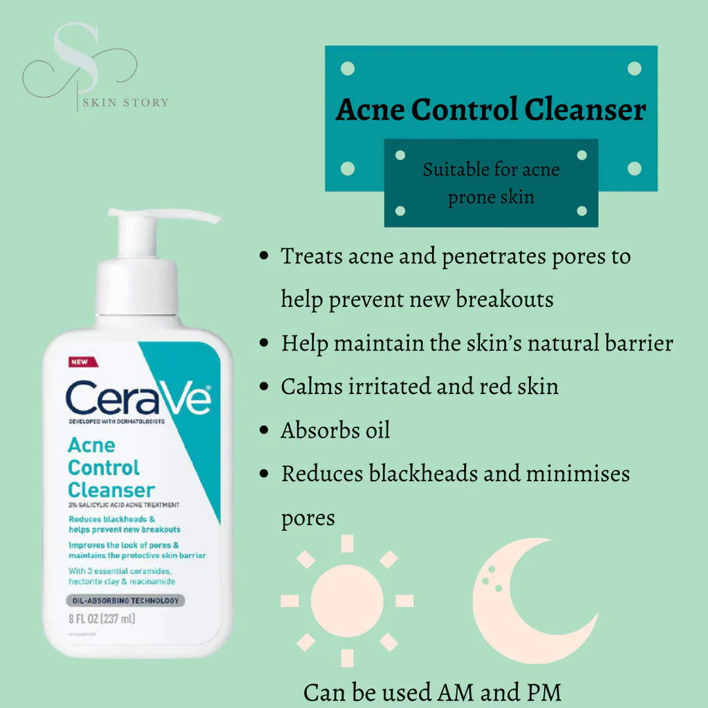 CeraVe Acne Control Cleanser – 2% Salicylic Acid Acne Treatment Face Wash with Niacinamide & Ceramides (Oil-Free)