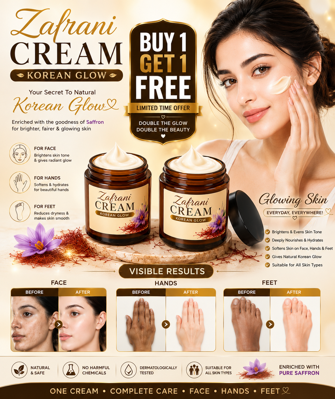 Buy 1 Get 1 Free Zafrani Korean Glow Whitening Cream | Brightening & Moisturizing Face Cream | Korean Skincare Deal