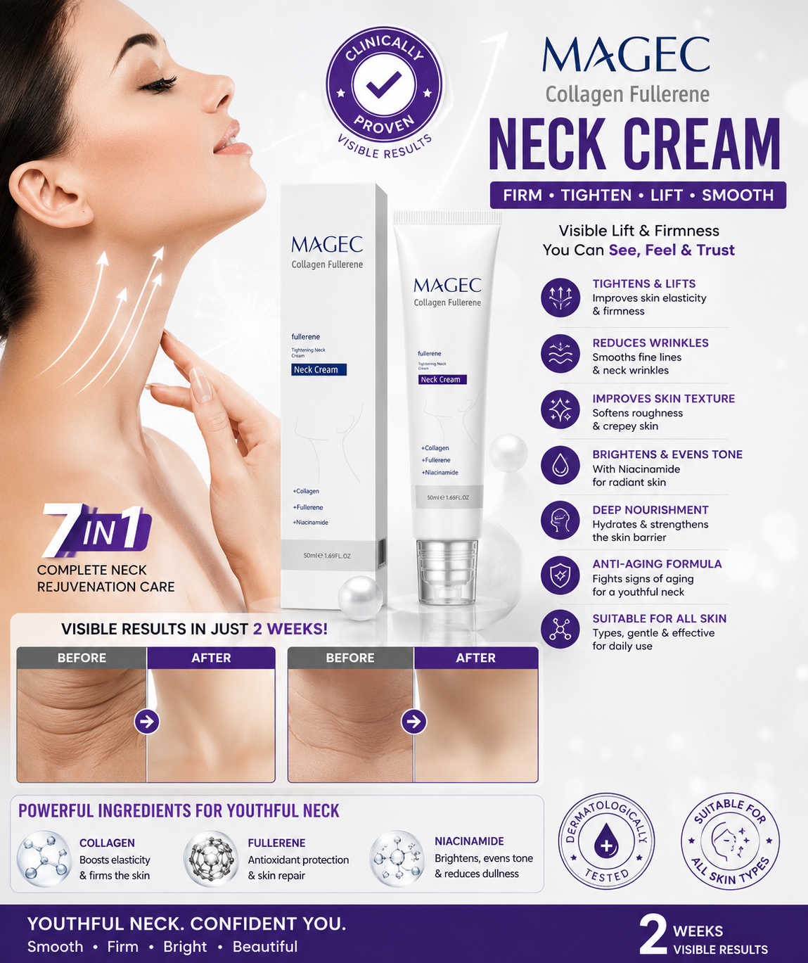 Mages Collagen Fullerene Neck Cream 50ml | Firming & Moisturizing Neck Cream with Niacinamide | Anti-Aging Neck Care for Smooth & Youthful Looking Skin