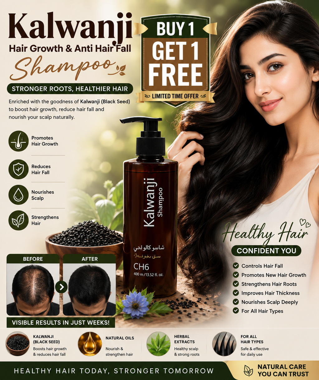 Buy 1 Get 1 FREE Kalwanji Hair Growth & Anti Hair Fall Shampoo | Black Seed Shampoo | Strong, Healthy & Smooth Hair Care