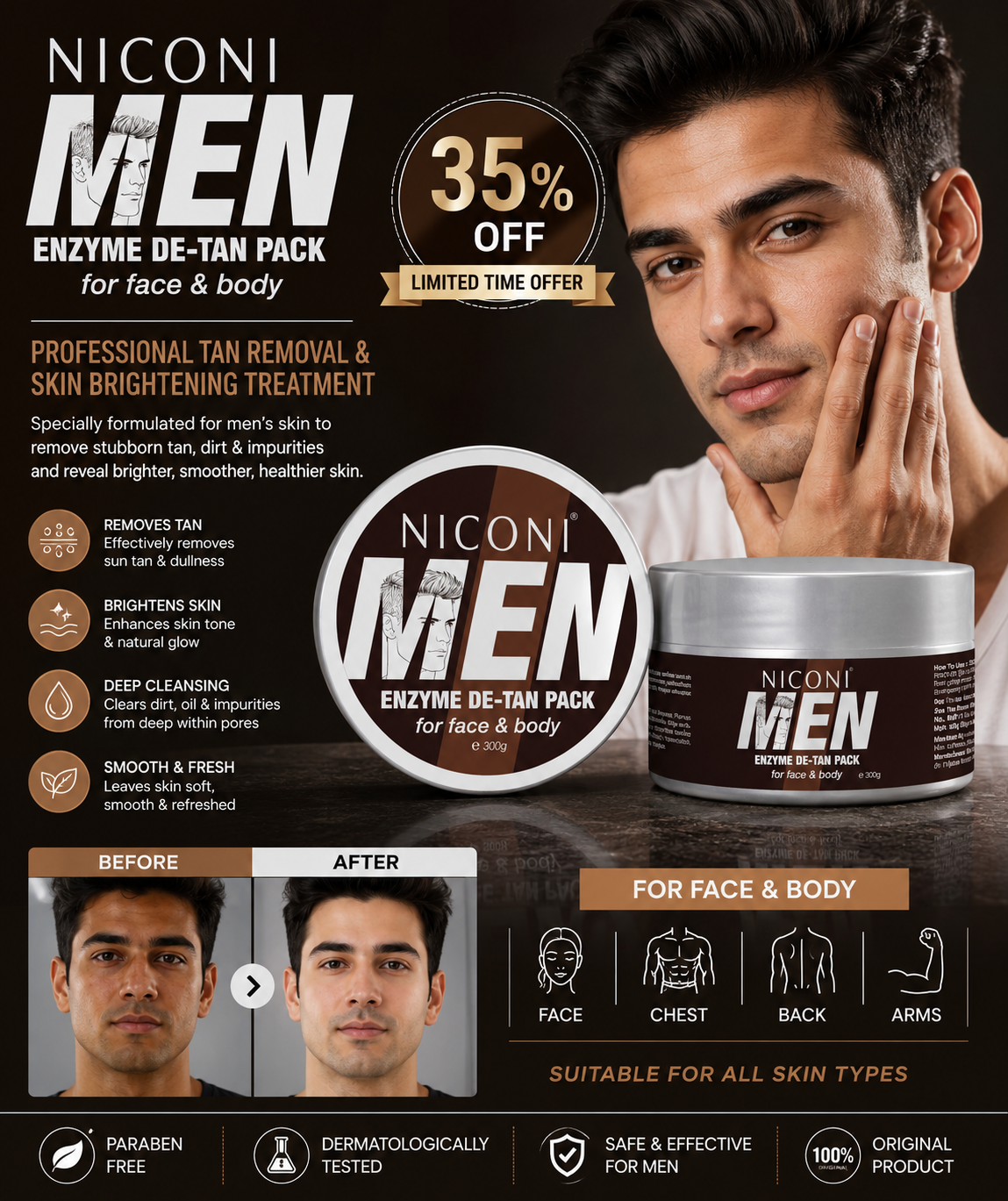 Niconi Men Enzyme De-Tan Pack for Face & Body | Professional De-Tan & Brightening Pack | Deep Cleansing Skin Care