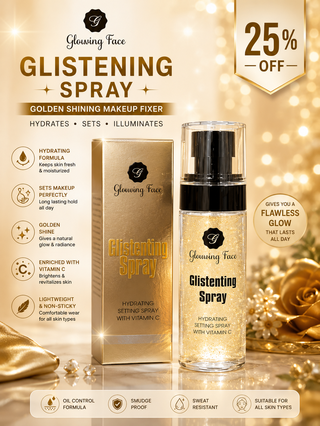 Glowing Face Glistening Hydrating Makeup Setting Spray | Long Lasting Makeup Fixer Spray | Golden, Pink & Blue Shades Available