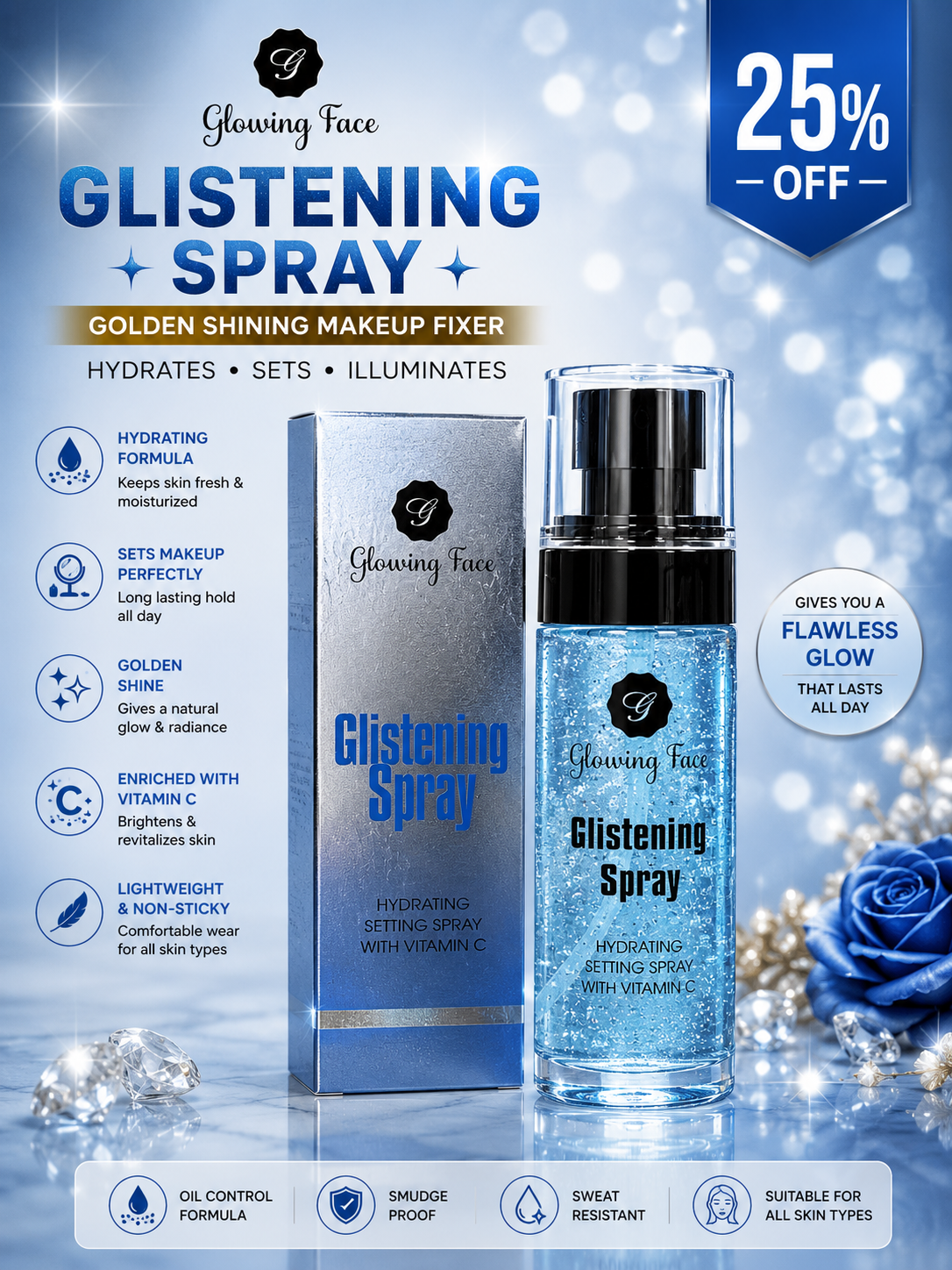Glowing Face Glistening Hydrating Makeup Setting Spray | Long Lasting Makeup Fixer Spray | Golden, Pink & Blue Shades Available