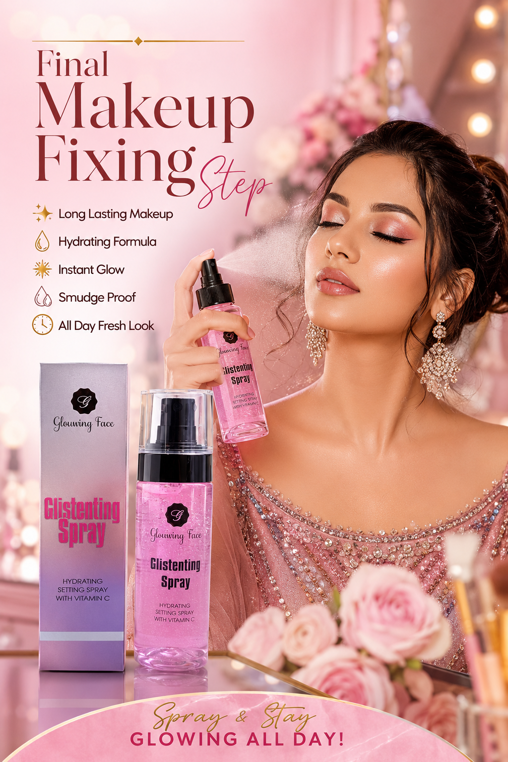 Glowing Face Glistening Hydrating Makeup Setting Spray | Long Lasting Makeup Fixer Spray | Golden, Pink & Blue Shades Available