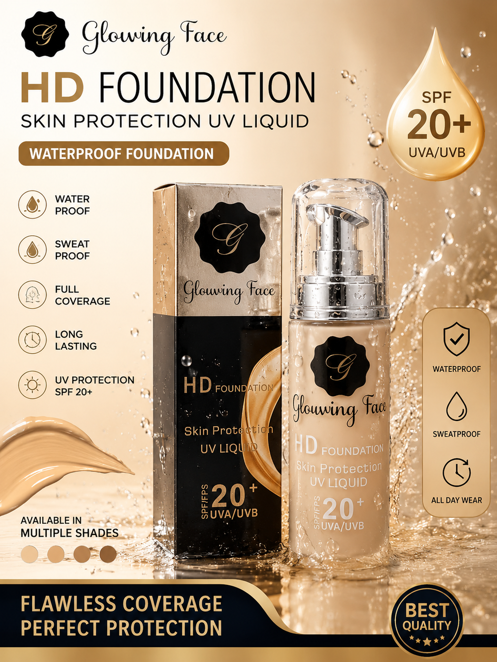 Glowing Face 24 Hours Full Coverage Waterproof Foundation | Long Lasting Matte Liquid Foundation | Smooth HD Makeup Base
