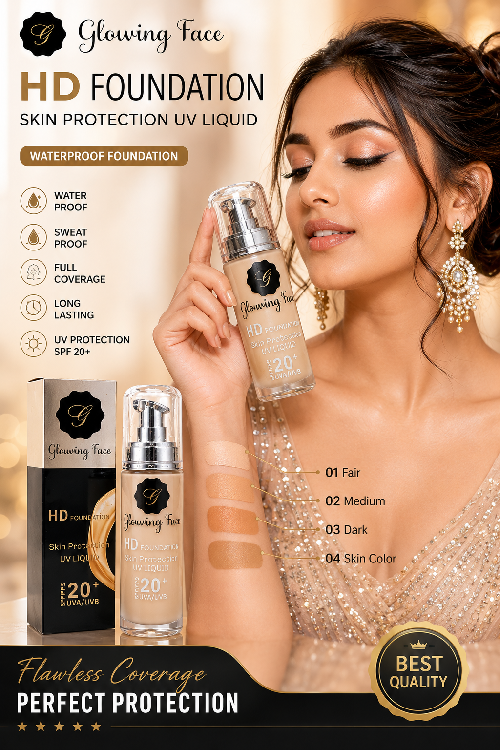 Glowing Face 24 Hours Full Coverage Waterproof Foundation | Long Lasting Matte Liquid Foundation | Smooth HD Makeup Base