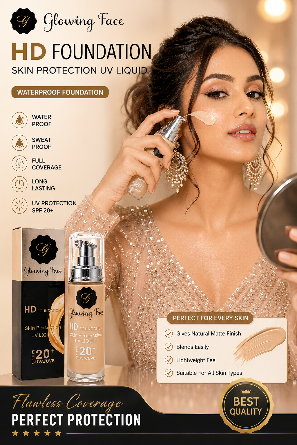 Glowing Face 24 Hours Full Coverage Waterproof Foundation | Long Lasting Matte Liquid Foundation | Smooth HD Makeup Base