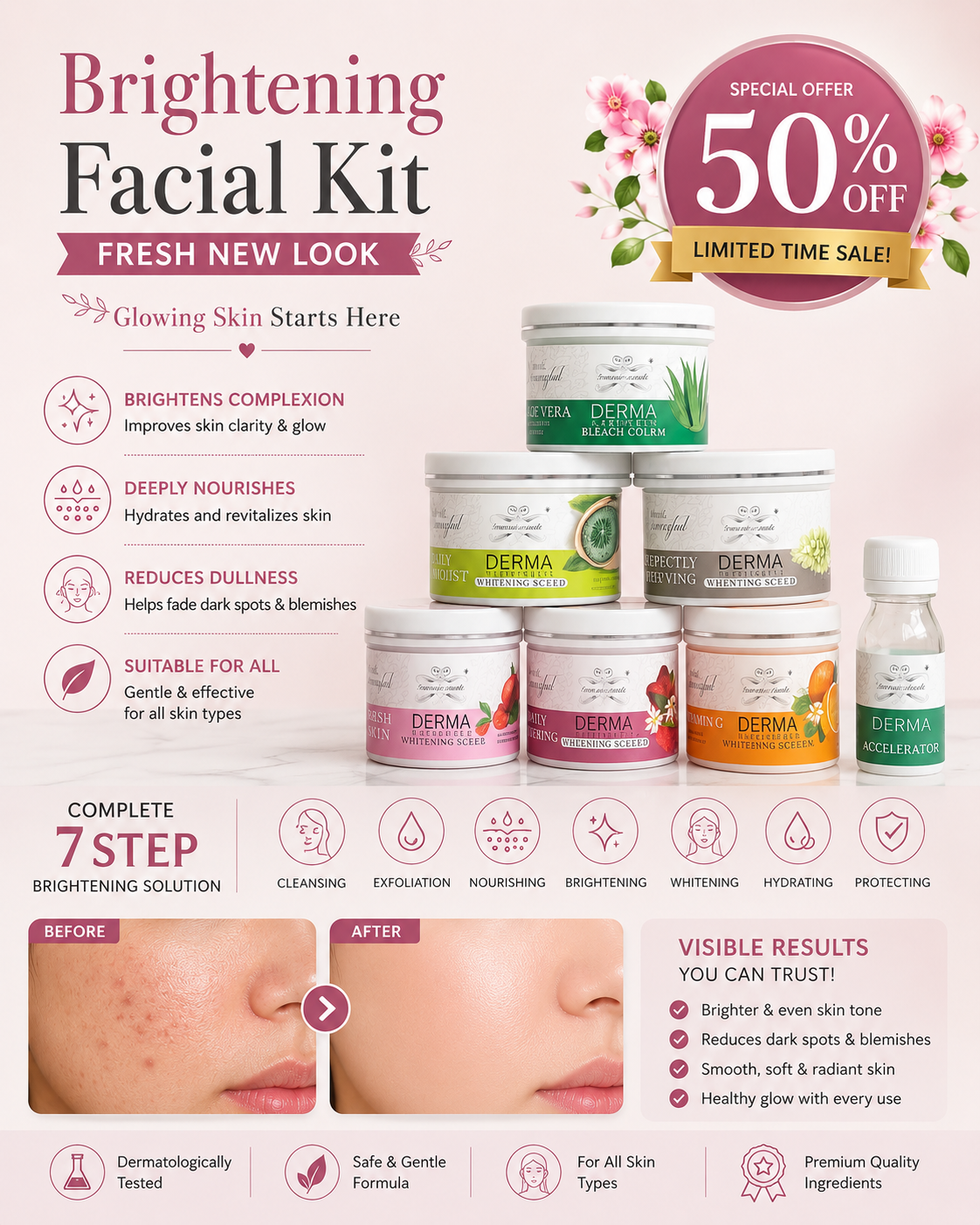 Derma Extra Shine Brightening & Glowing Facial Kit – Complete Facial Kit for Instant Glow, Hydration & Smooth Skin | Suitable for All Skin Types