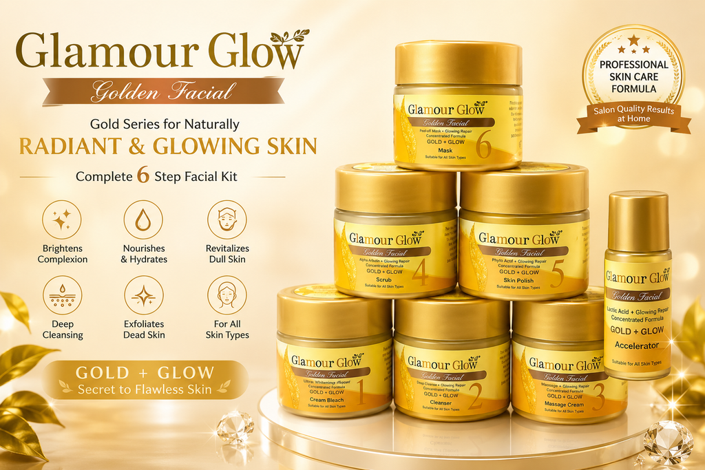 Glamour Glow 6 Steps 24K Gold Brightening & Glowing Facial Kit – Complete Gold Facial for Radiant, Hydrated & Smooth Skin | Suitable for All Skin Types