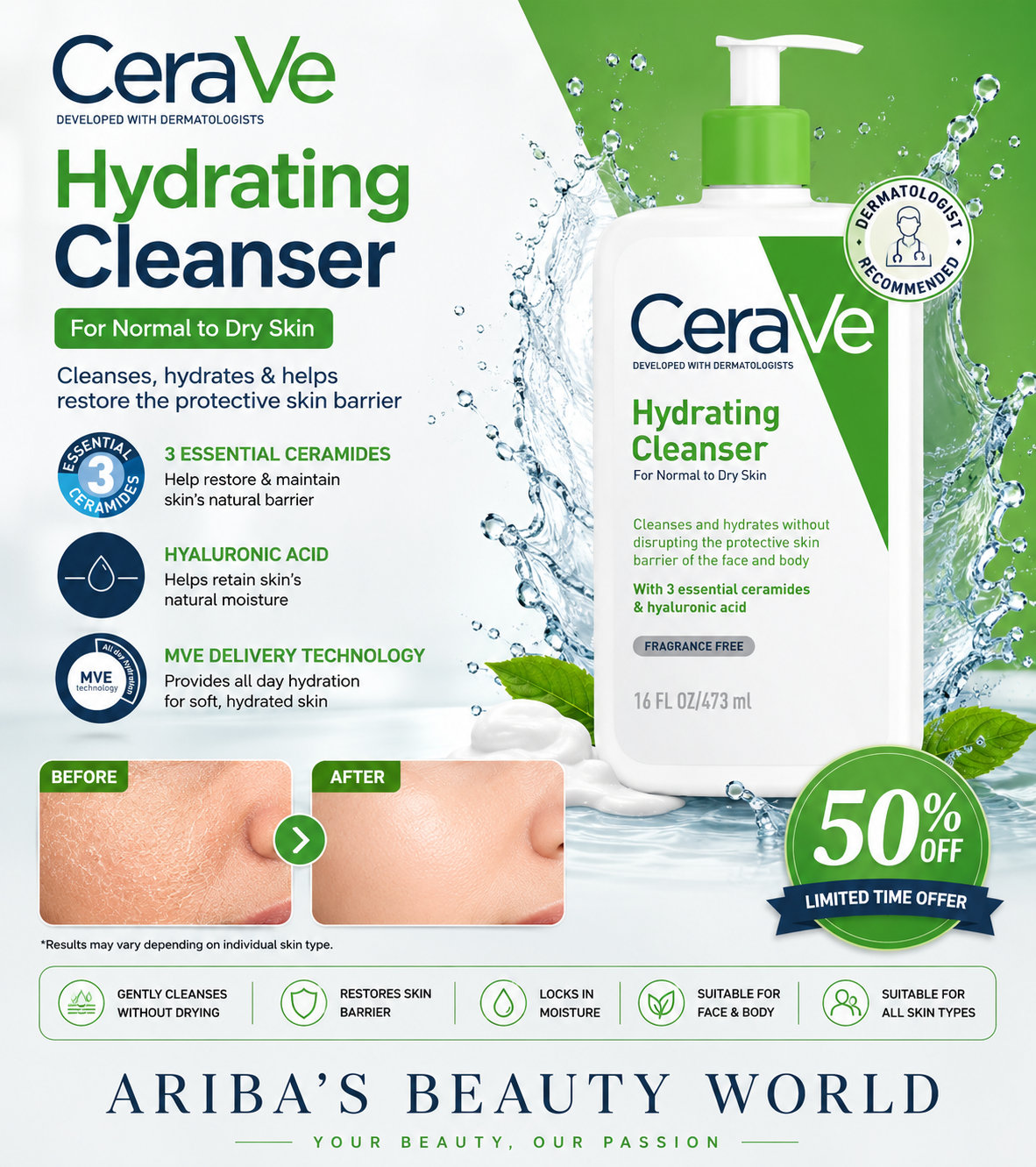 CeraVe Hydrating Cleanser for Normal to Dry Skin – Moisturizing Face Wash with Ceramides & Hyaluronic Acid