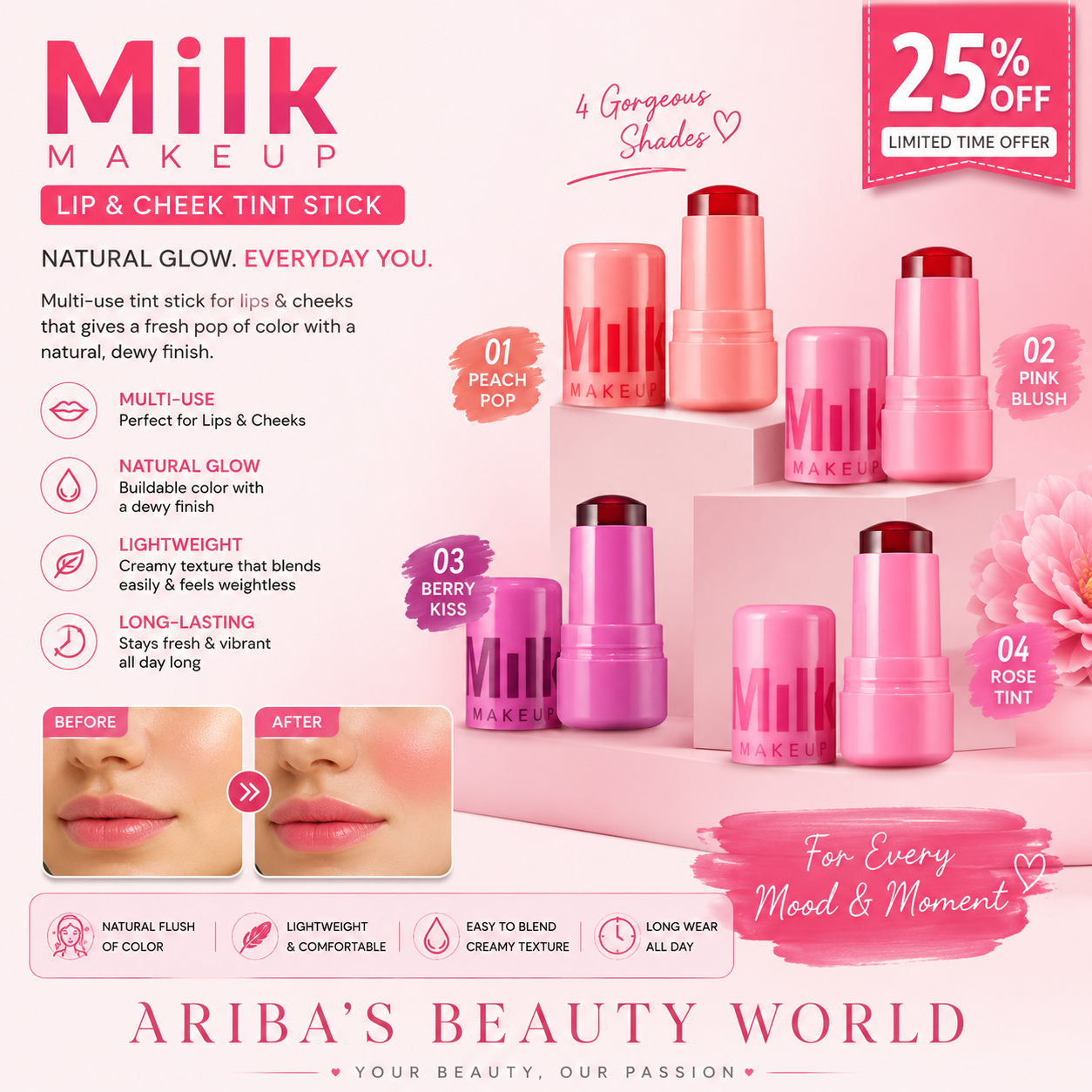 Huda Moji Pack Of 4 Face and Cheeks Jelly Tints – Long-Lasting Hydrating Jelly Blush & Lip Tint Set (4 Gorgeous Shades)
