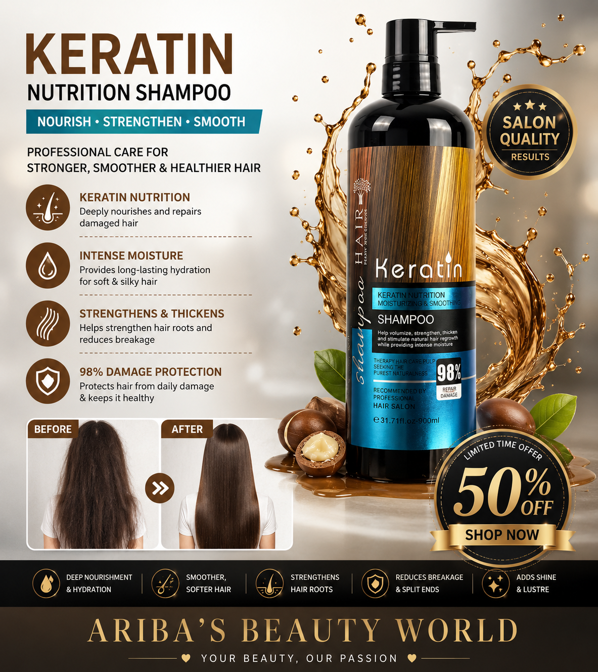 Keratin Sulphate Free Shampoo – Smoothing & Repair Shampoo for Dry, Frizzy & Damaged Hair