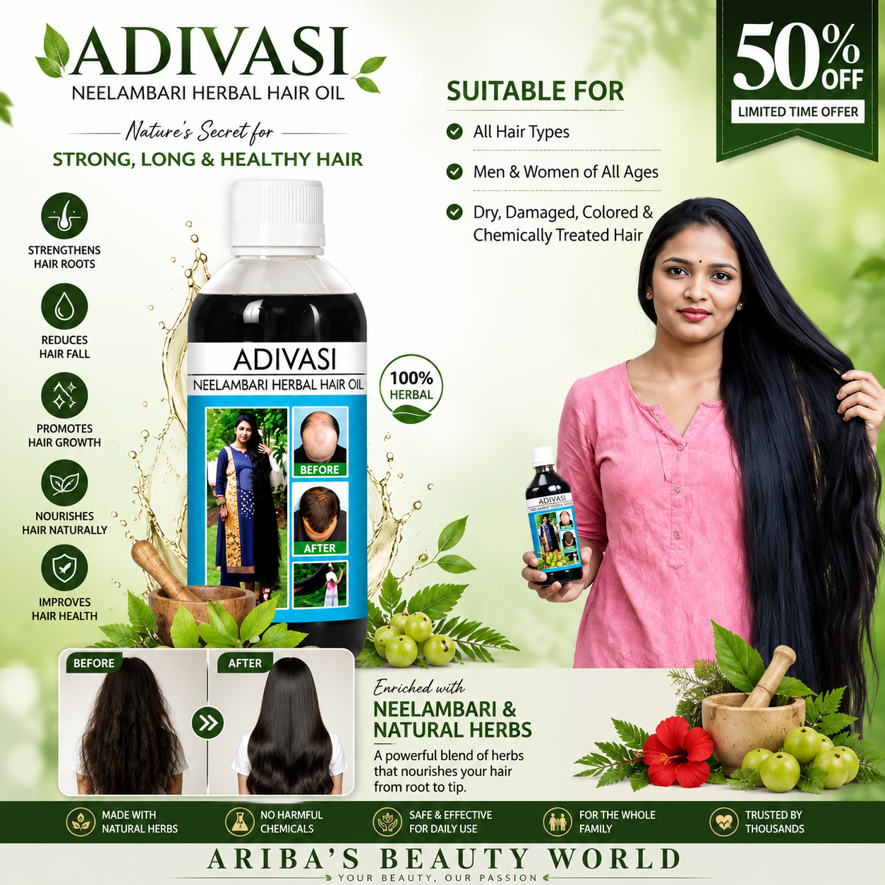 Adivasi Herbal Hair Oil – Natural Ayurvedic Hair Growth & Anti-Hair Fall Oil for Strong, Thick & Healthy Hair