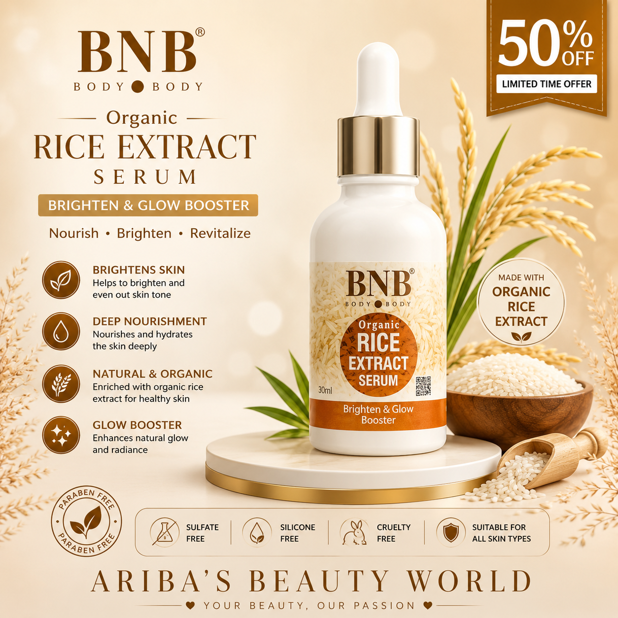 BNB Rice Glowing Serum – Brightening & Hydrating Face Serum for Radiant, Even-Toned Skin