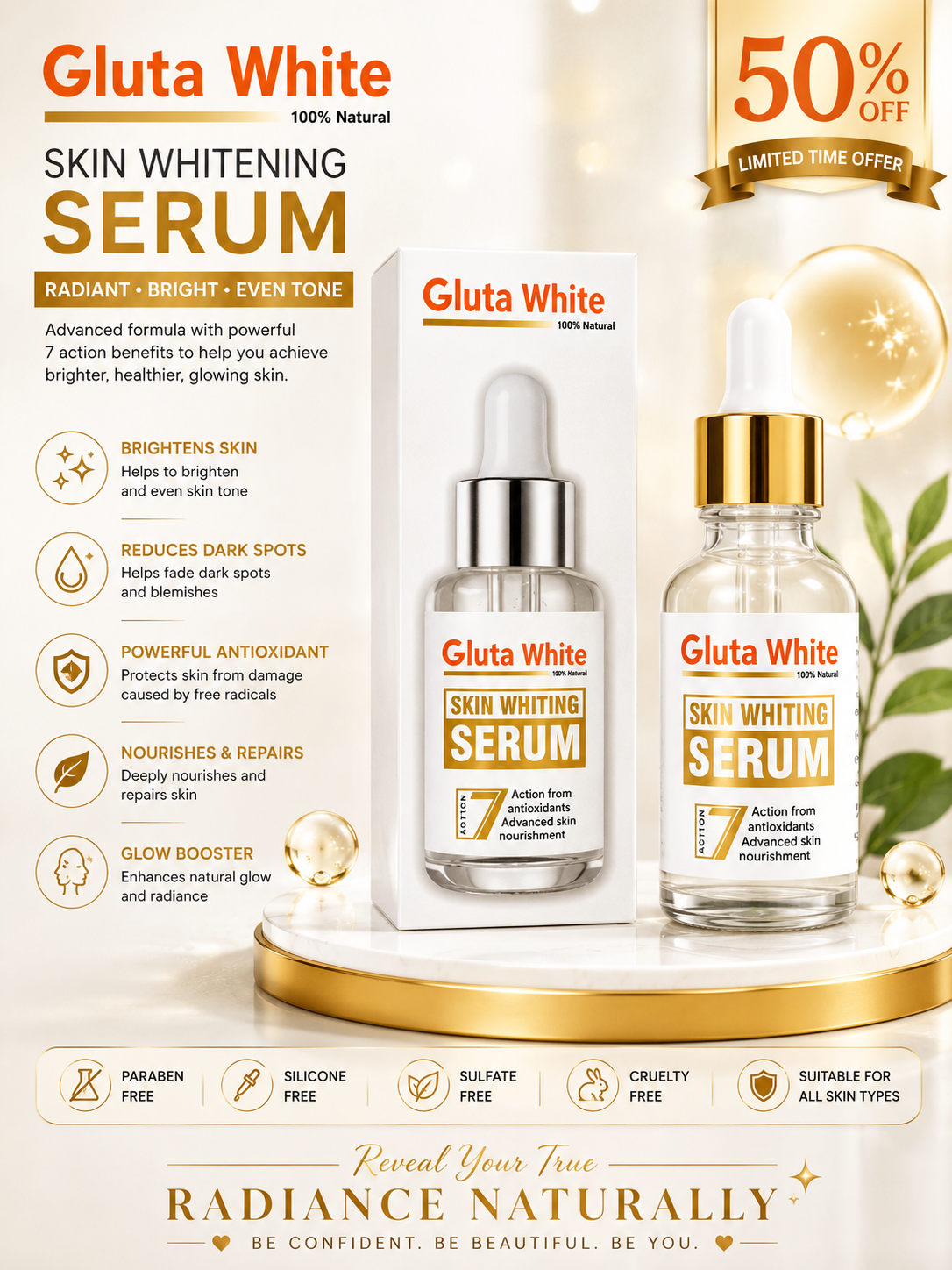 Gluta White Skin Whitening Serum – Advanced Glutathione Brightening & Dark Spot Correcting Serum