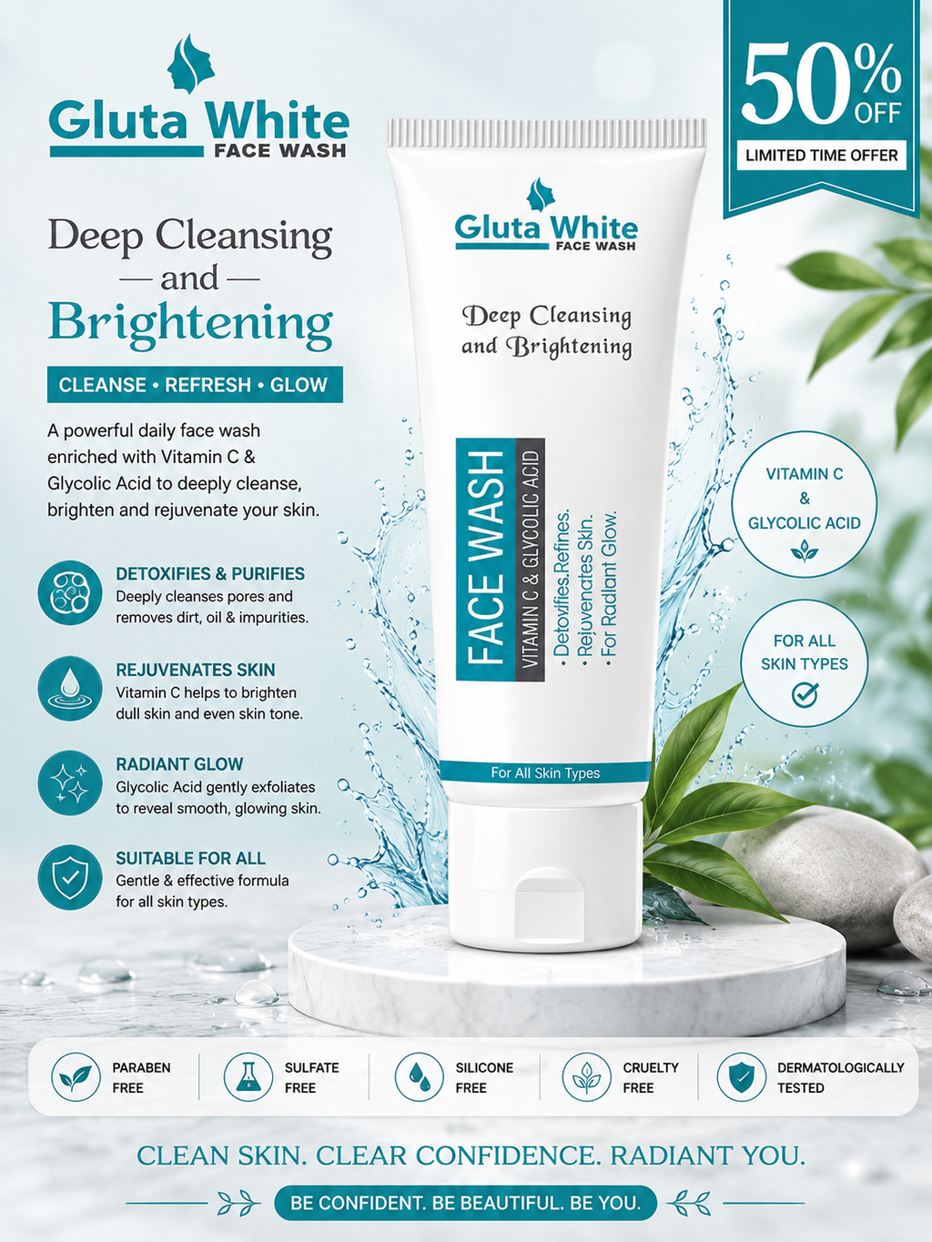 Gluta White Whitening Face Wash – Glutathione Brightening Cleanser for Clear, Radiant & Even-Toned Skin