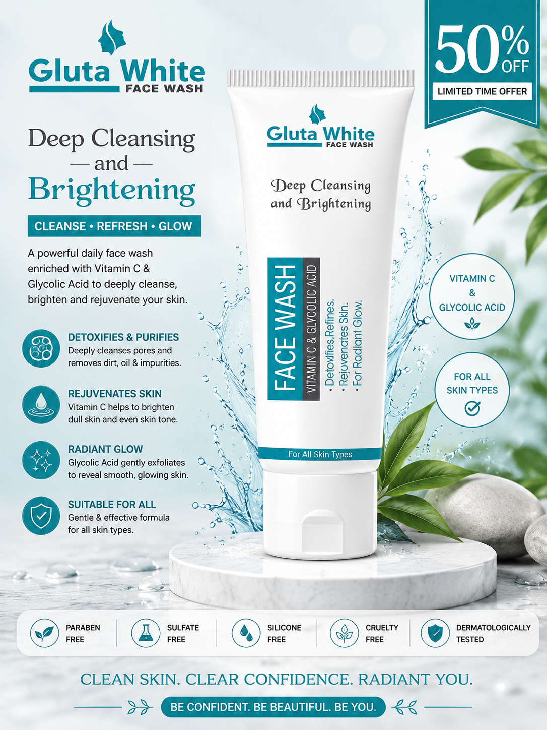 Gluta White Whitening Face Wash – Glutathione Brightening Cleanser for Clear, Radiant & Even-Toned Skin