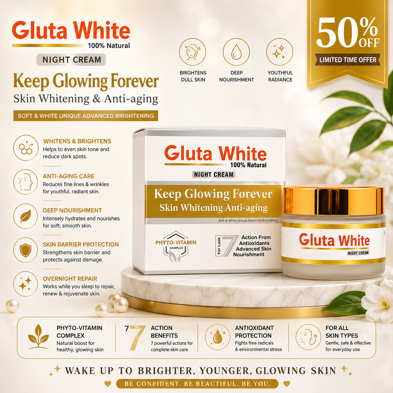 Gluta White Night Cream – Intensive Glutathione Brightening & Skin Repair Night Cream (Deep Nourishing Formula)