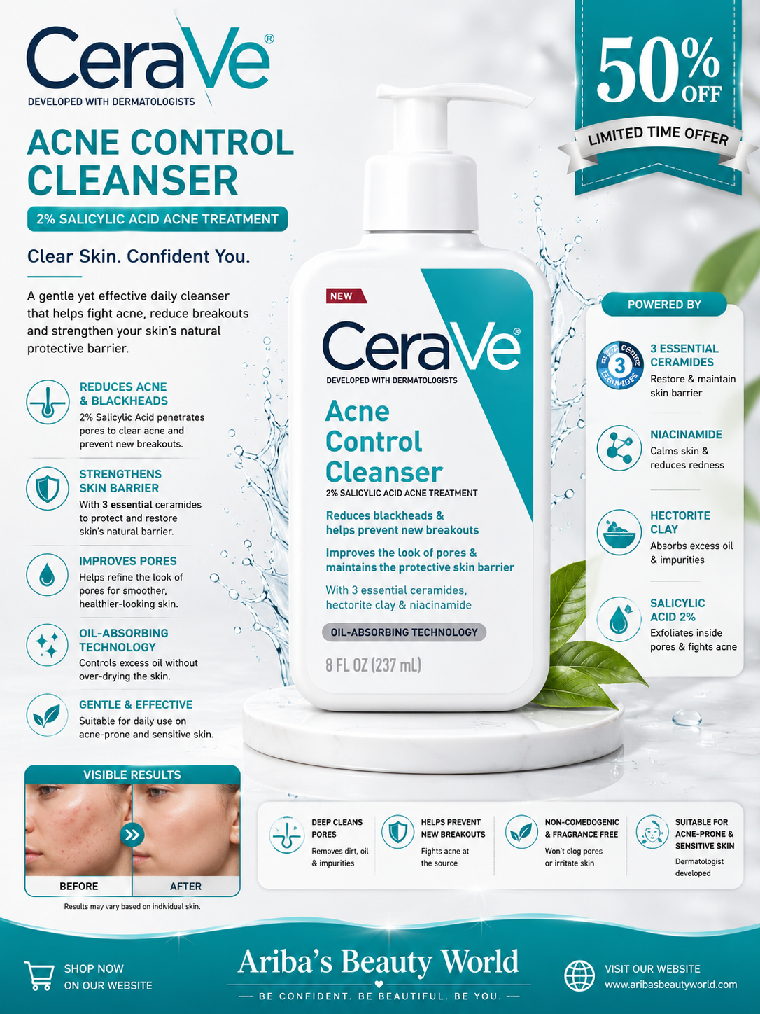 CeraVe Acne Control Cleanser – 2% Salicylic Acid Acne Treatment Face Wash with Niacinamide & Ceramides (Oil-Free)