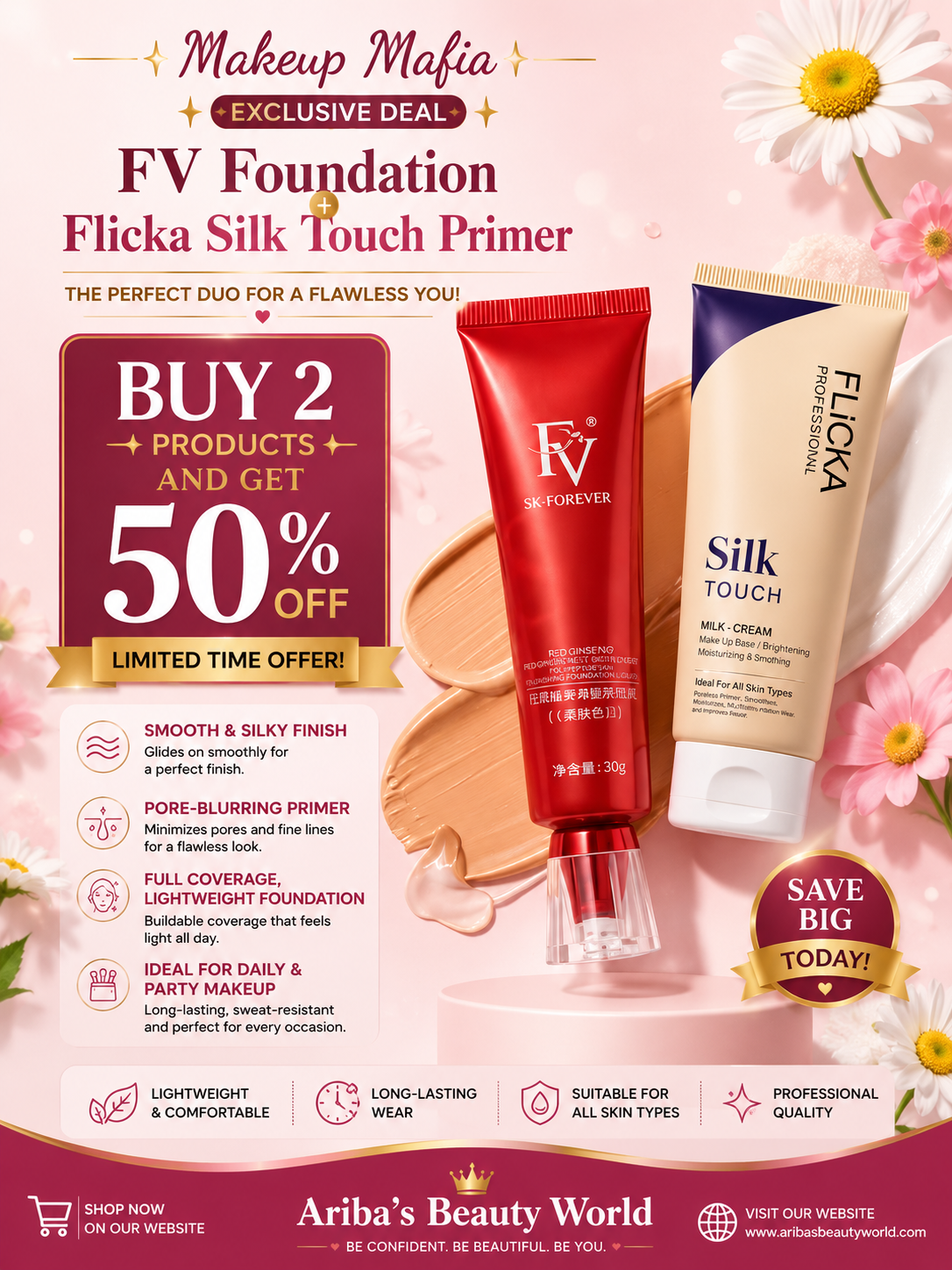 Special Offer 2 in 1 Makeup Deal – Flicka Silk Touch Priming Moisturizer & FV SK Forever Foundation Tube for Smooth, Long-Lasting Glow