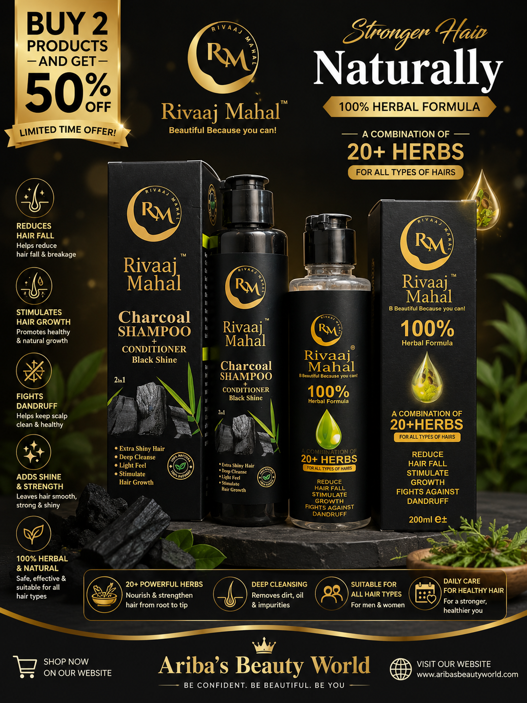 Rivaaj Mahal Hair Oil & Shampoo Deal – Herbal Hair Growth Oil with Strengthening Shampoo for Thick, Shiny & Healthy Hair