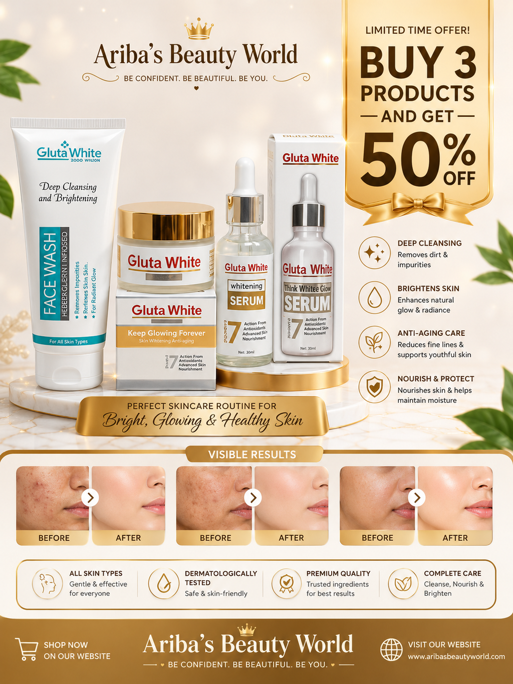 Gluta White 3 in 1 Skincare Deal – Whitening Face Wash, Brightening Night Cream & Glutathione Serum for Glowing Skin