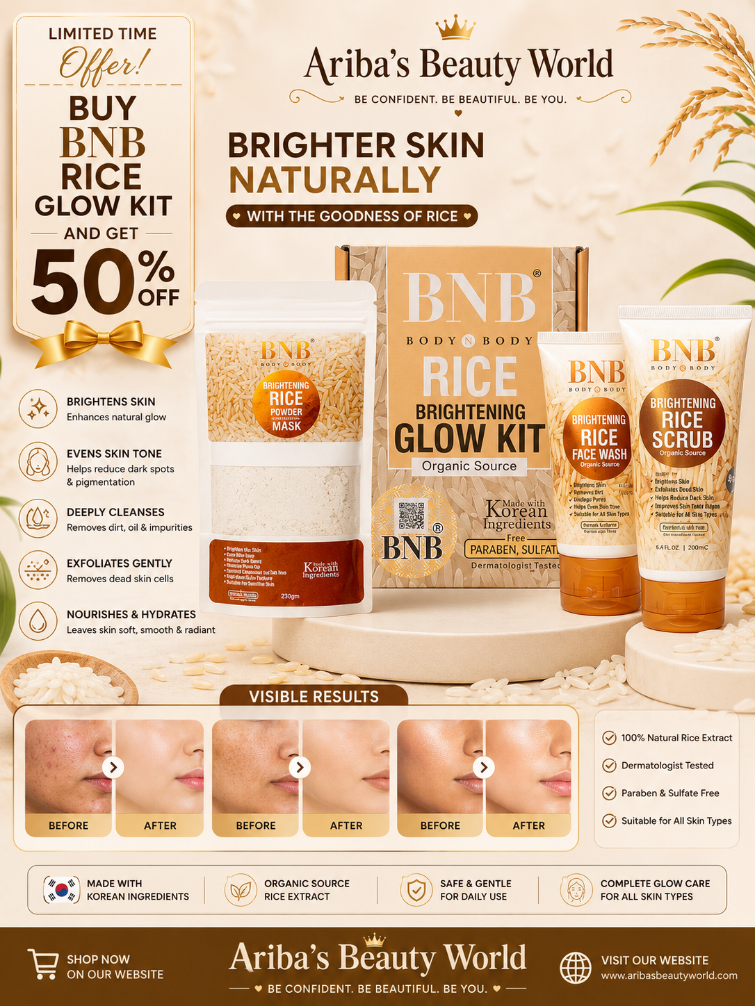 BNB Rice Glow Facial Kit – Whitening, Brightening & Deep Cleansing Skin Care Facial for Instant Glow