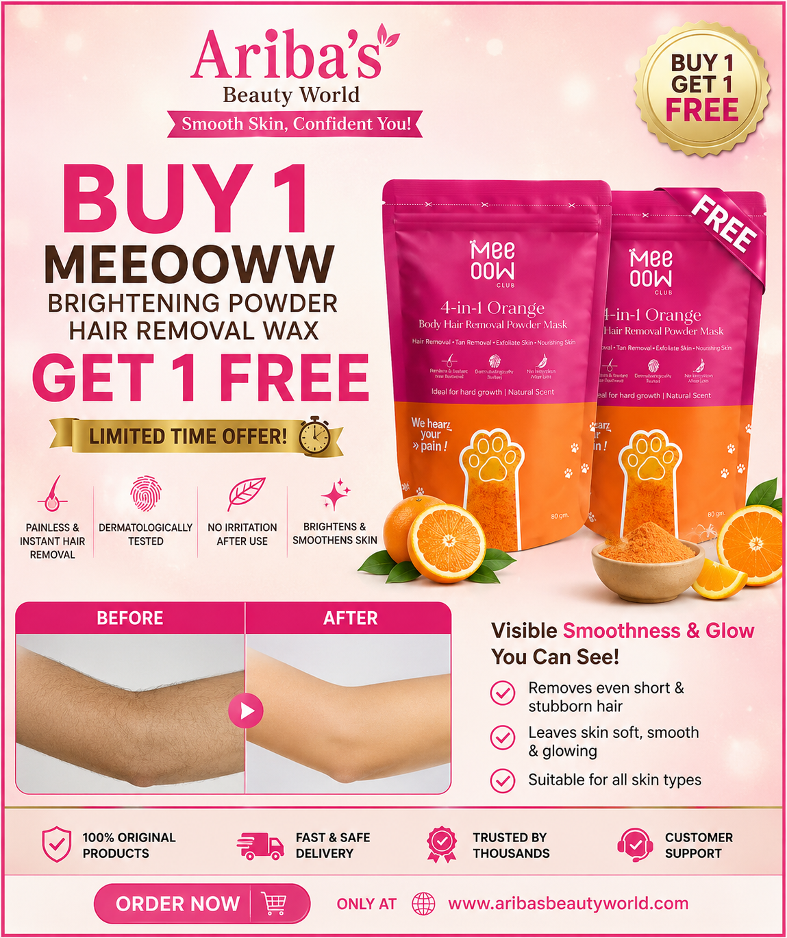 "Buy 1 and Get 1 Free Offer" Meeoow Brightening & Glowing Powder Wax – Best Hair Removal Wax Powder for Women | Easy At-Home Hair Removal & Smooth Glowing Skin