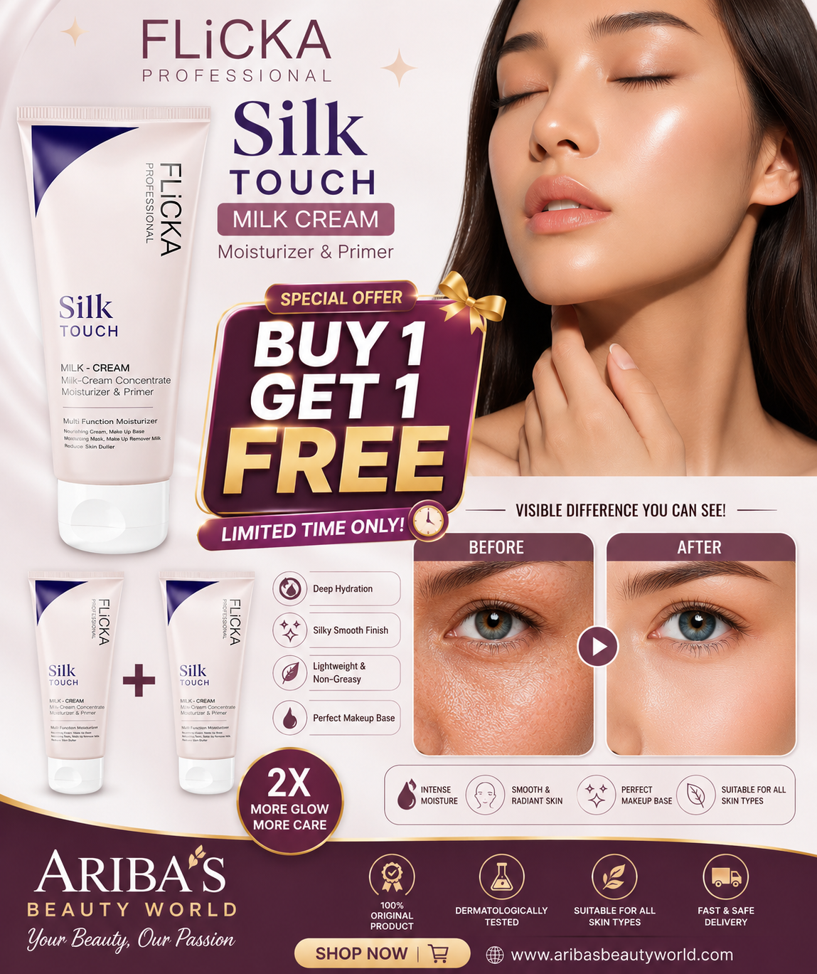 "Buy 1 and Get 1 Free Flicka Silk Touch Milk & Cream – Deep Moisturizing, Softening & Nourishing Skin Care Formula