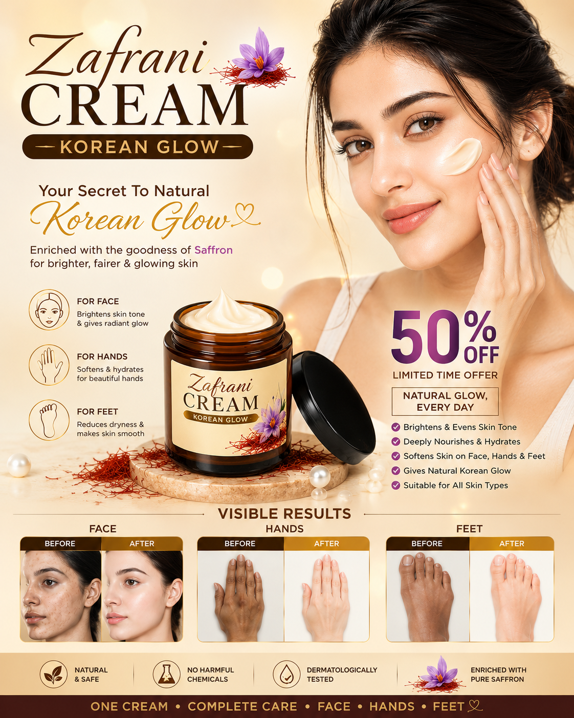 Zafrani Korean Glow Whitening Cream | Brightening Face Cream | Moisturizing & Glowing Skin Care Cream | Korean Beauty Cream